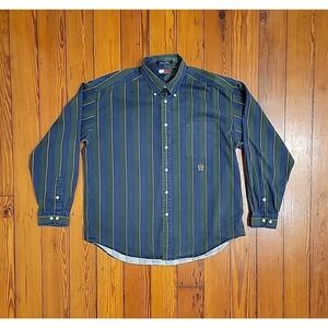 Tommy Hilfiger Button Down Shirt Mens XL Long Sleeve Green Blue Stripe Vintage